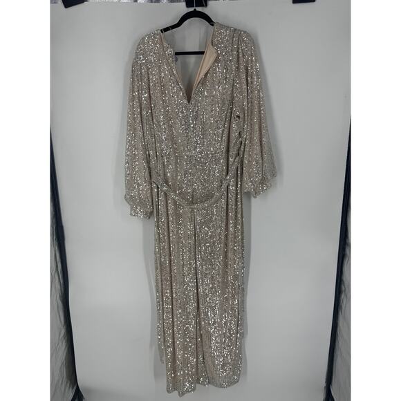 SKIES ARE BLUE Sequin Wrap Long Sleeved Jumpsuit in Champagne - Picture 3 of 4